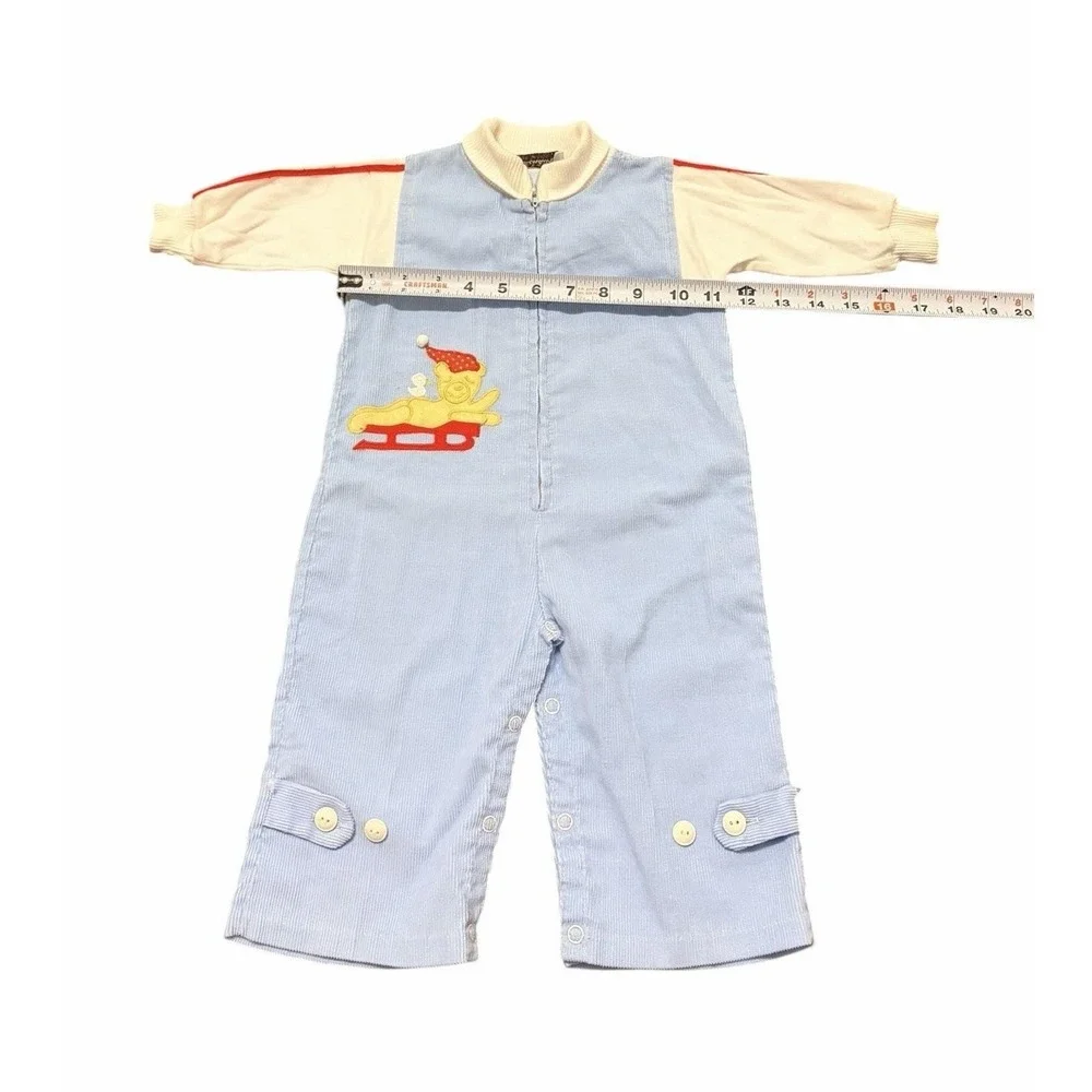 Vtg 80s Betti Terrell by Johnston 9-12M Bear Sled Blue‎ Corduroy Overall L/S